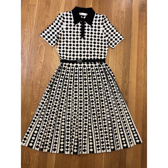 Tory Burch Jaquard Midi Polo Dress Black White Dots Belted Pleated A Line Size M - Picture 2 of 8